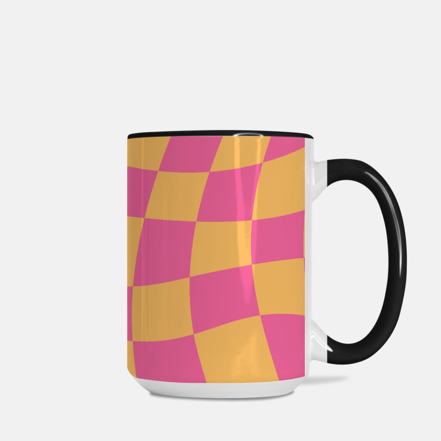 Pink and Orange Checkered Mug Deluxe 15oz. (Black + White)
